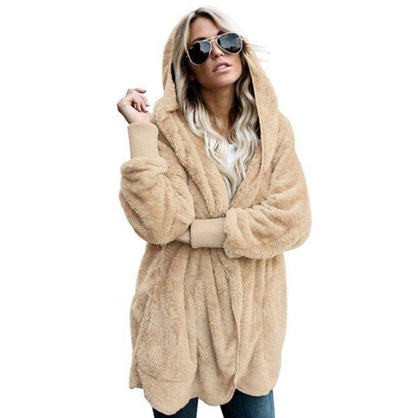 

faux fur coat loose hooded lambswool jacket teddy coat shaggy autumn winter outerwear cardigan jacket jumper pele femme z0365, Black