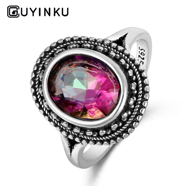 

guyinku oval created mystic z rings rainbow colorful gemstone 925 sterling jewelry for women engagement rings gift, Slivery;golden