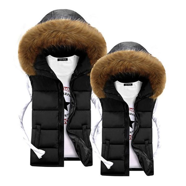 

men vest winter fur hooded vest for men warm coats jackets black fashion mens down vests veste paillette homme, Black;white