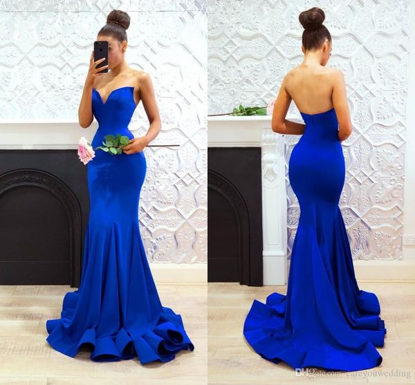 Sexy Flowy Longo Azul Royal Vestidos de Noite Sereia Querida Backless Longo Em Cascata Babados Prom Vestidos Ocasião Especial Vestido