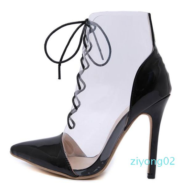 

chic black clear transparent patchwork lace up pointed toe high heel ankle bootie designer shoes size 35 to 40 z02