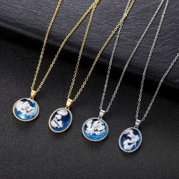 

new creative gold sliver chain necklace blue sky white cloud resin rhinestone pendant necklace for women jewelry drop shipping, Silver