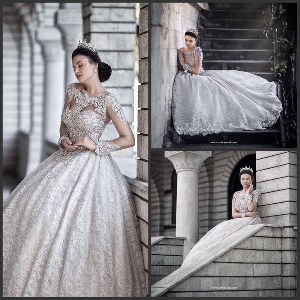 

white lace long sleeve sheer ball gown wedding dresses bridal gowns 2019 princess spring beach wedding gowns with lace applique