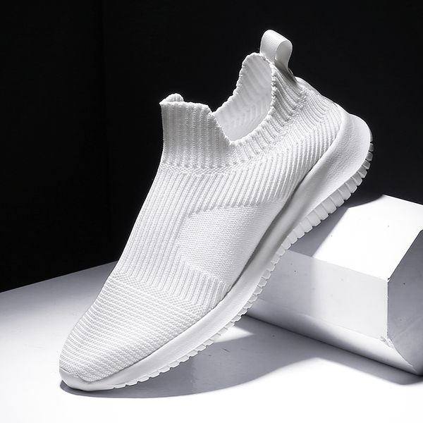 

solid white fashion knitting casual shoes men super light breathable stretch socks sneakers slip on tenis masculino black