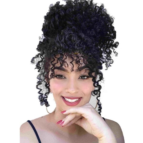 120 g hoher Puff-Afro-Locken-Pferdeschwanz mit Kordelzug, kurzer Afro-Kinky-Pferdeschwanz zum Anklipsen auf Echthaar, lockiger Chignon-Haarknoten aus Remy mit Pony