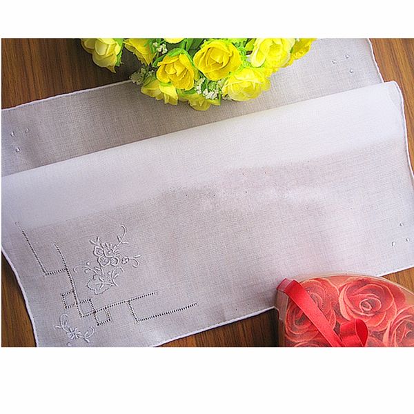 

white handmade handkerchief 100% cotton vintage soft thick ladies drawnwork embroidered flower napkin wedding gift hankies, Black;blue