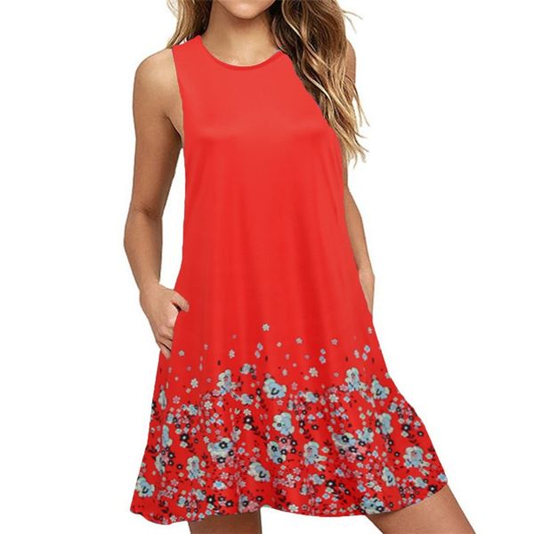 

women sleeveless dress flora print round neck pocket loose casual mini dress g11816c-s, Black;gray