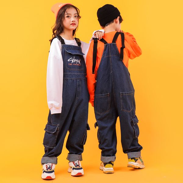 

kid hip hop clothing casual t shirt loose bib jeans pants for girls boys jazz dance costumes ballroom dancing clothes wear, Black;red