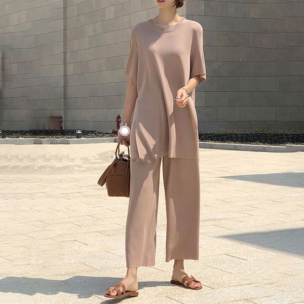 

ice silk knitted two pieces set women office ladies temperament solid black white 2 piece sets female 2020 new casual two suits