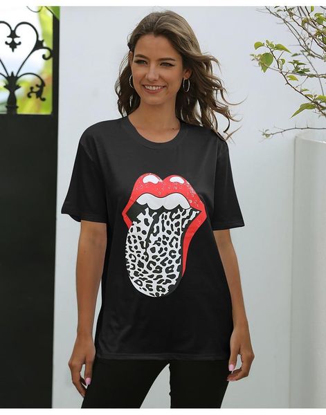 

мода круглый вырез топы дамы повседневная с коротким рукавом тройники женские большой язык печатных футболки лето, White