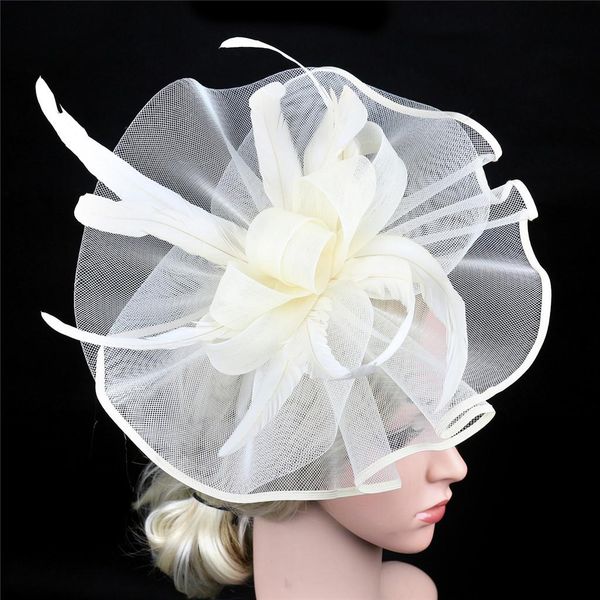 

women's elegant hat strap flower feather party hat hair clip headband accessory bridal wedding hair accessories ubdmk, White