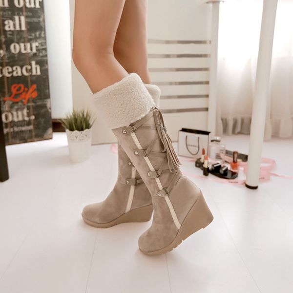 

dihope new women shoes snow boots women boots wedge winter shoes mid-calf warm fur female winter tassel, Black