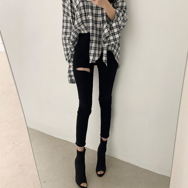 

women high waist jeans temperament wild washed holes black slim pantalon femme skinny pencil pants 8a219, Blue