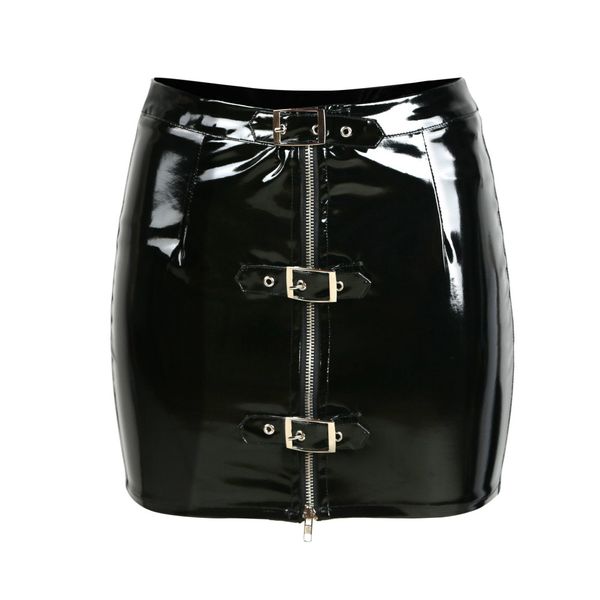 

women's pvc patent leather zipper adjustable button shiny clubwear bodycon mini skirt, Black