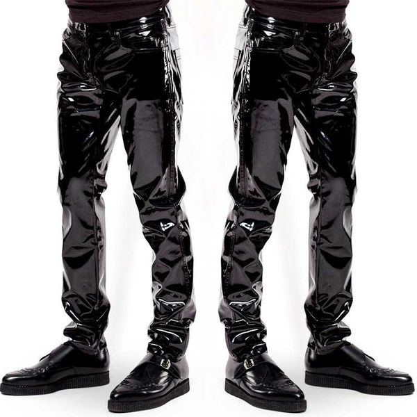 

new mens elastic faux leather pvc pants motorcycle ridding black slim fit dance party trousers biker leather pants for male
