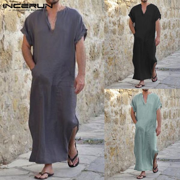 

incerun plus size men shirts short sleeve v-neck solid long shirt vintage cotton islamic arab kaftan mens clothes 2018, White;black