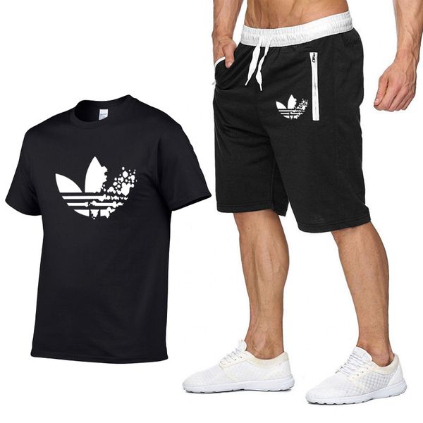 

new brand men t-shirt suit 2 piece casual short sleeve o-neck fashion printed cotton t shirt and shorts men, Gray