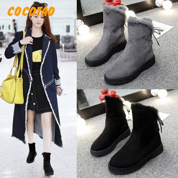 

snow boots female winter new 2019 korean version of the tube boots plus velvet warm two wear cotton flat non-slip, Black
