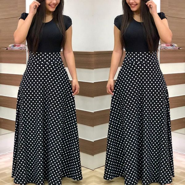 

2019 women vintage maxi long dress women's ladies short sleeve splicing wave point party dress robe femme vestidos plus size, Black;gray