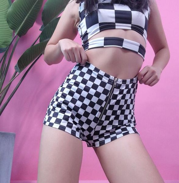 

women's shorts 2021 summer checkerboard plaid zipper women high waist, White;black
