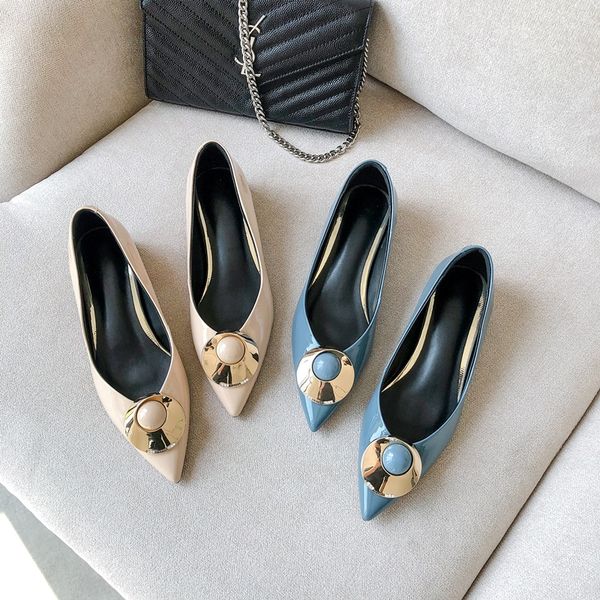 

zvq woman shoes spring new fashion pointed toe genuine leather woman pumps outside low heels metal decoration shoes cs04, Black