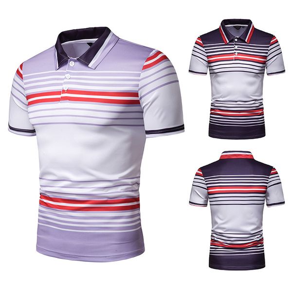 

2020 new style summer men's short-sleeved t-shirt men's contrast color stripes slim fit fold-down collar leisure t-shirt pl47, White;black
