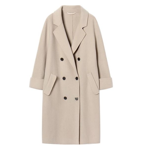 

winter woolen coat double-breasted long loose coat, Black