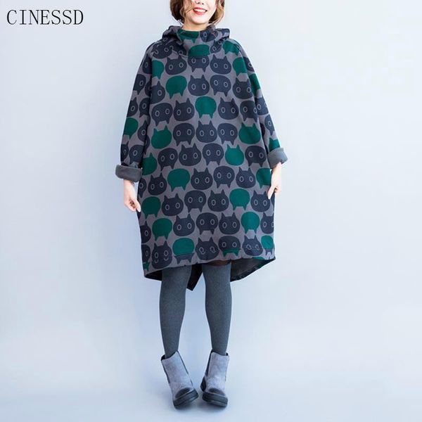 

plus size cat print hoodies 2019 autumn winter kawaii cartoon women vintage long hooded sweatshirt velvet thick hoodie dress, Black
