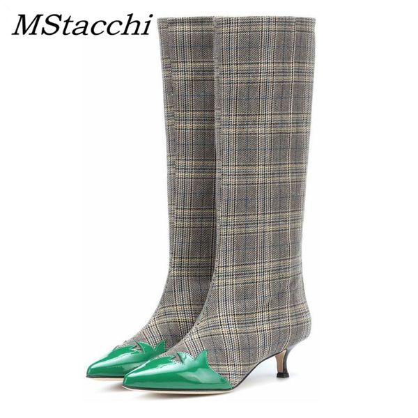 

mstacchi 2019 fashion women boots plaid cloth green leaf decor patchwork british style pointed toe kitten heel knee high boots, Black