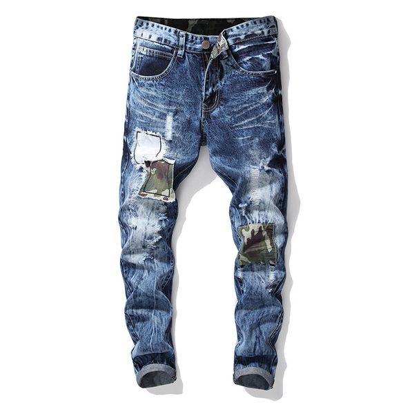 

marchwind brand designer men's snow washed patchwork holes ripped jeans plus big size vintage patch slim straight denim long pants, Blue