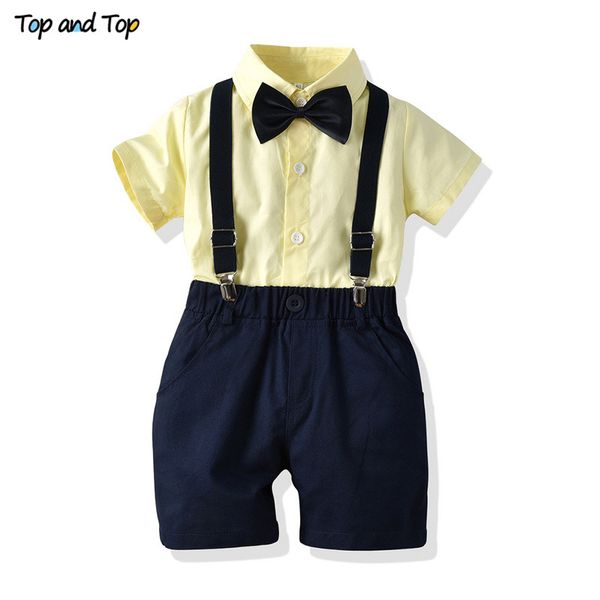 

and kids baby boys clothing set summer cotton children casual outfits short sleeve bowtie shirt +suspender shorts, White