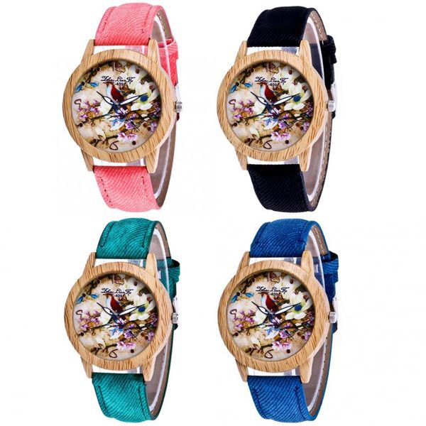 

clearance zhoulianfa flower and bird picture denim strap wooden outer ring watch wristwatch, Slivery;brown