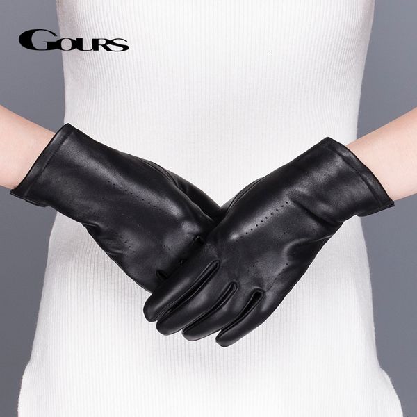 

gours women' genuine leather gloves black classic sheepskin touch screen gloves winter thick warm fashion mittens new gsl076 y191109, Blue;gray
