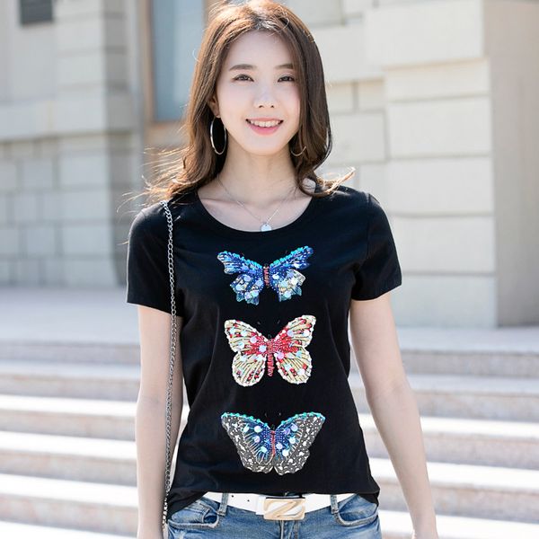 

new luxury summer butterfly sequined t-shirt women's crystal fix motifs printed 3d tees office lady business slim graphic tees, White