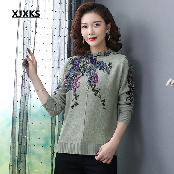 

xjxks loose plus size women turtleneck sweater 2020 spring new comfortable 100% wool knitted sweater women printed pullover, White;black
