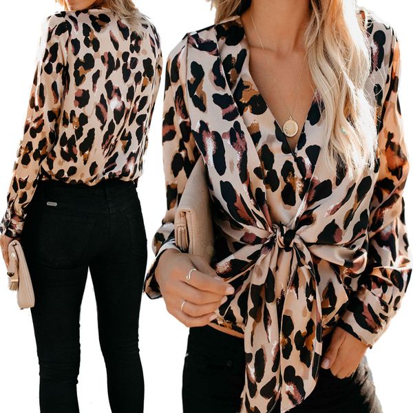 

europe and the united states spring and summer new women's v-neck leopard print with puff sleeves, White