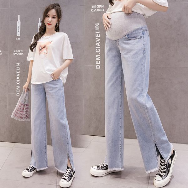 

pregnant women wide leg straight pants autumn plus size side split floor-length denim trousers long loose maternity belly jeans, White