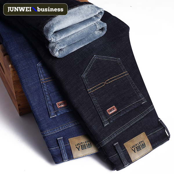 

2019 winter new men's warm jeans business fashion straight fit denim fleece thicken stretch trousers male brand pants, Blue