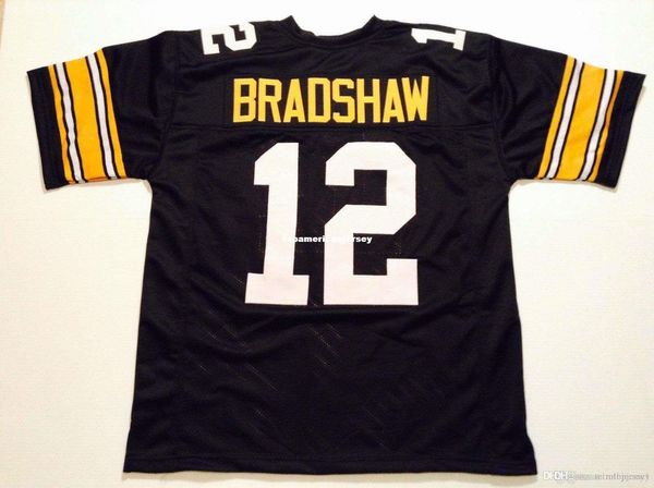 

retro custom sewn stitched #12 terry bradshaw black mitchell & ness jersey men's football jerseys rugby, Black;blue
