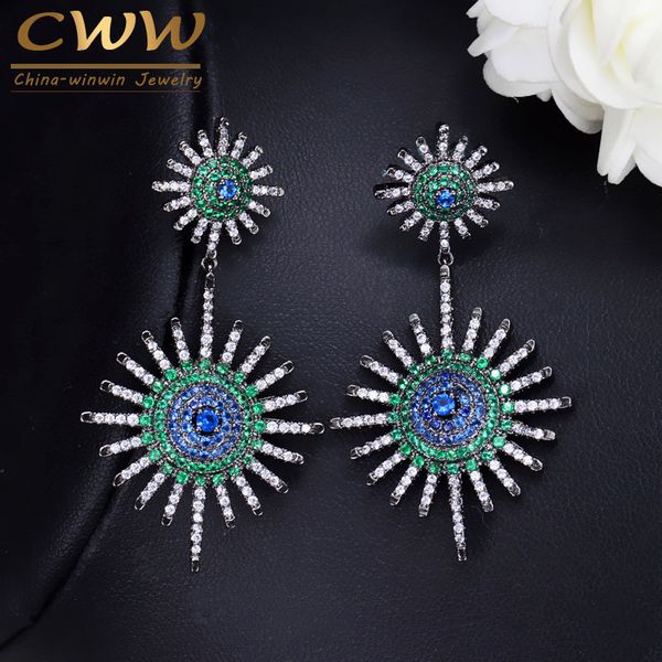 

cwwzircons sparkling star shape black color mix green blue cz zirconia stones big long dangle earrings for women cz028, Silver