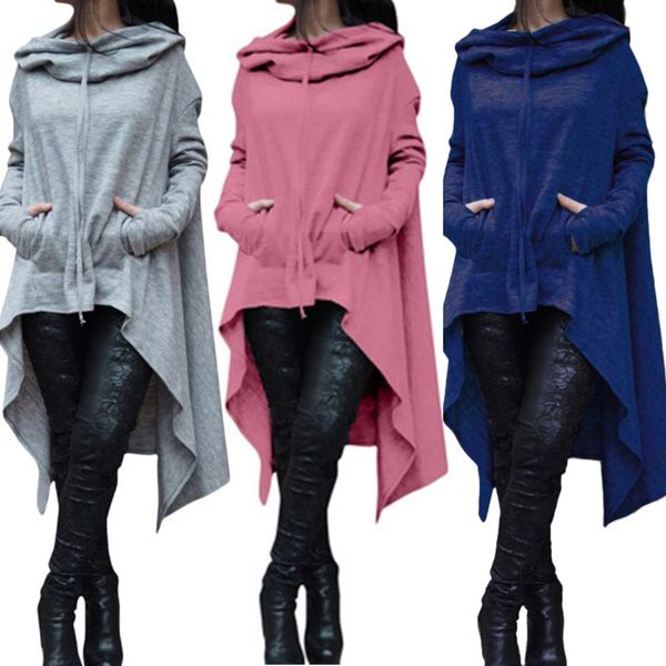 

casual women sweatshirt solid color draw cord long sleeve poncho loose irregular hooded sweatshirt for women's clothing, Black