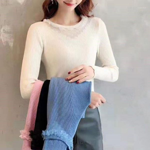 

women autumn winter solid color lace stitching slim long sleeved round collar slim bottom knit sweater pink blue black white new1, White;black