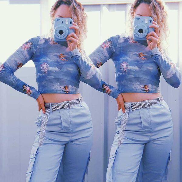 

women blouse woman 2019 new arrival women crop casual turtleneck long blouses spring summer autumn casual floral printed shirt, White