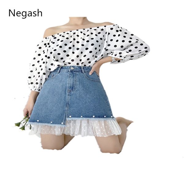

korean beadings patchwork mesh women's denim skirts 2018 new high waist thin femme skirt split above knee female skirts, Black