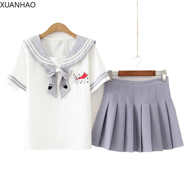 

xuanhao женщины наборы мультфильм cat вышивки sailor воротник блузка и hight талия мини плиссированные юбки janpanes сладкие юбка наборы, White