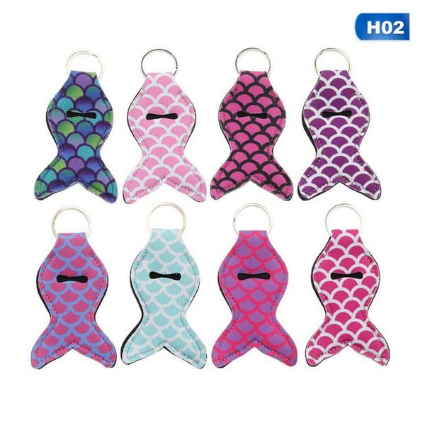 

wholesale lilly pulitzer neoprene key chain chapstick holder keychain lipstick cover mermaid fish design key ring lip balm keychain dhl free, Silver