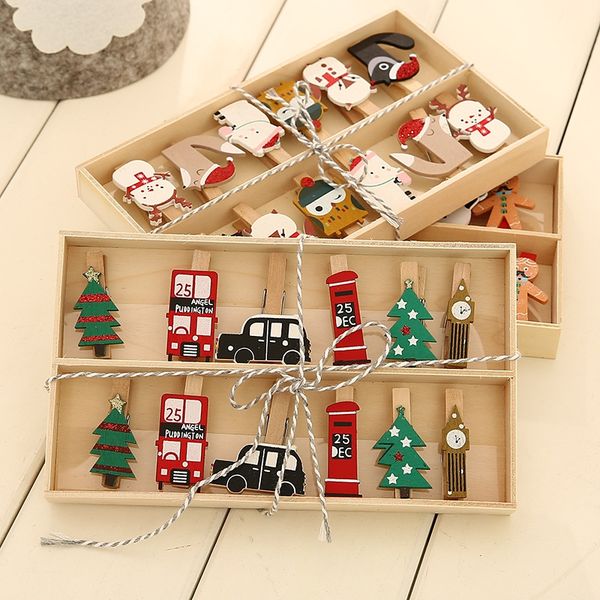 

12шт елочного симпатичного мультфильма деревянного клип мини memo бумага клип фото зажим прищепка украшение xmas gifts мишка