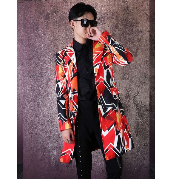 

men single button print slim fit long suit blazer jacket male streetwear hip hop singer dancer suit coat stage costumes, White;black