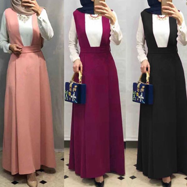 

dubai women muslim maxi long skirt fancy jumpsuit with back belt plain pink rose black abaya large size robe fimtairah