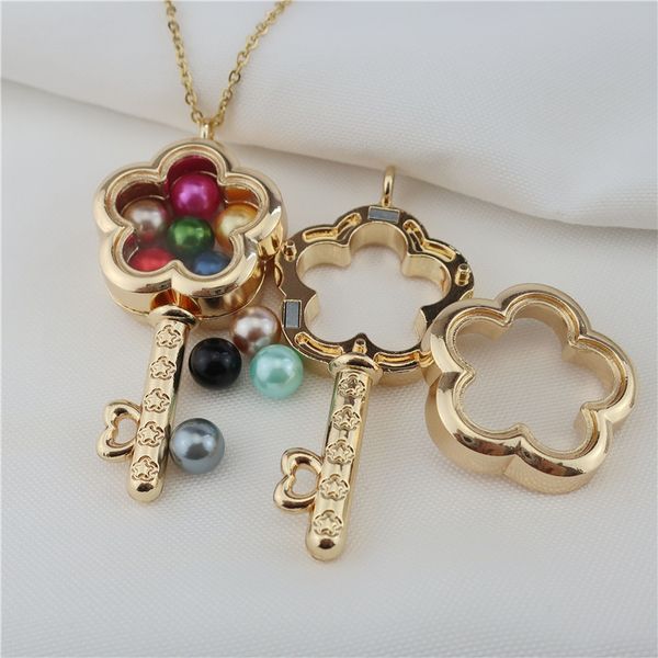 

gold color flower key glass locket necklace beads pearl memory p locket pendant necklace, Silver